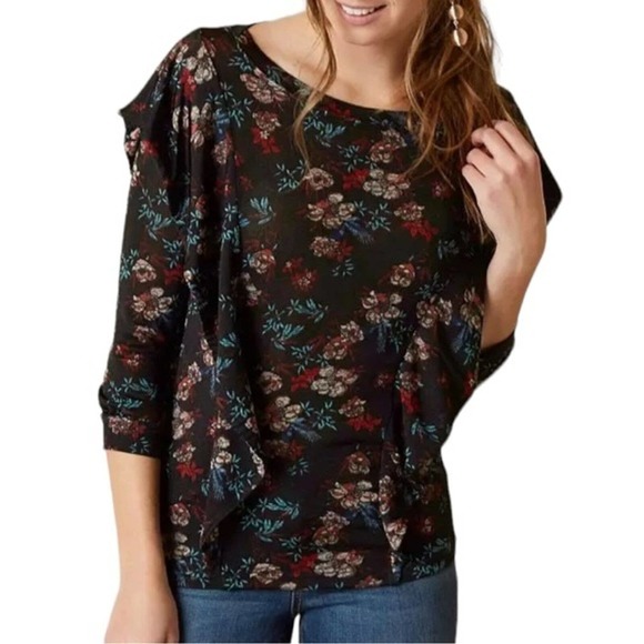 Free People Shirt Womens XS‎ Black Floral Dock Street Blouse Ruffle Boho Peasant - Picture 8 of 8